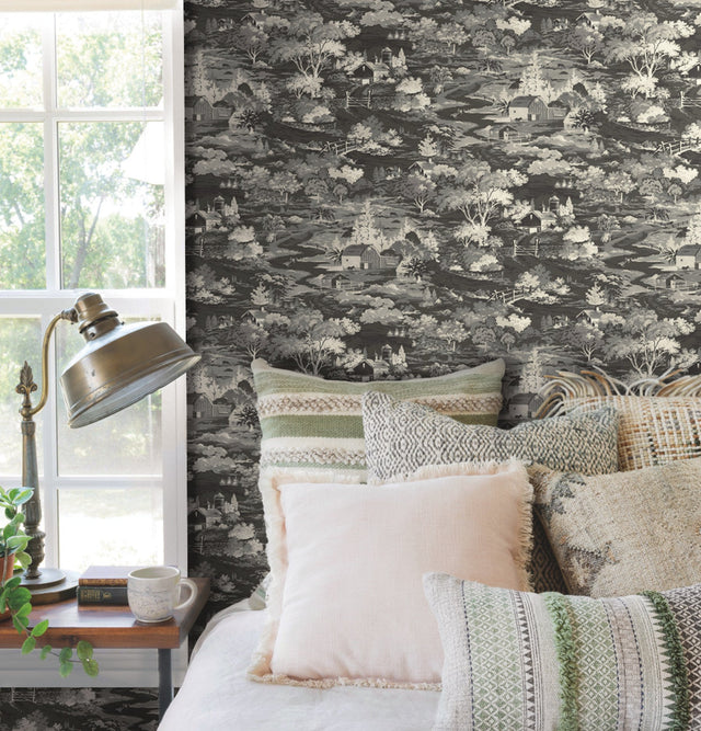 Homestead Black & Grey Toile Prepasted Wallpaper - York MH1500