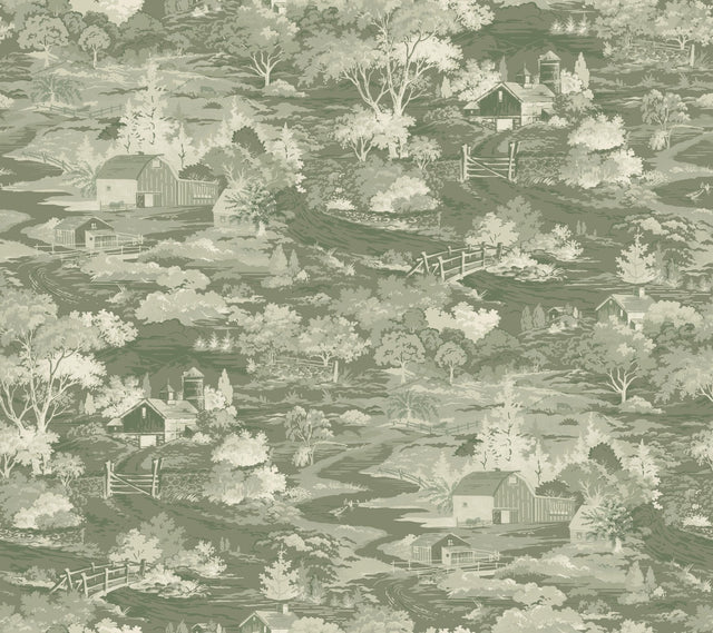 Homestead Green & Off White Toile Prepasted Wallpaper - York MH1504