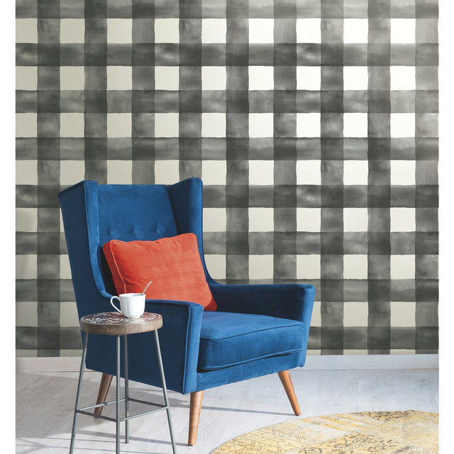 Watercolor Check Black & White Wallpaper with Plaid Watercolor Motif - York MH1516