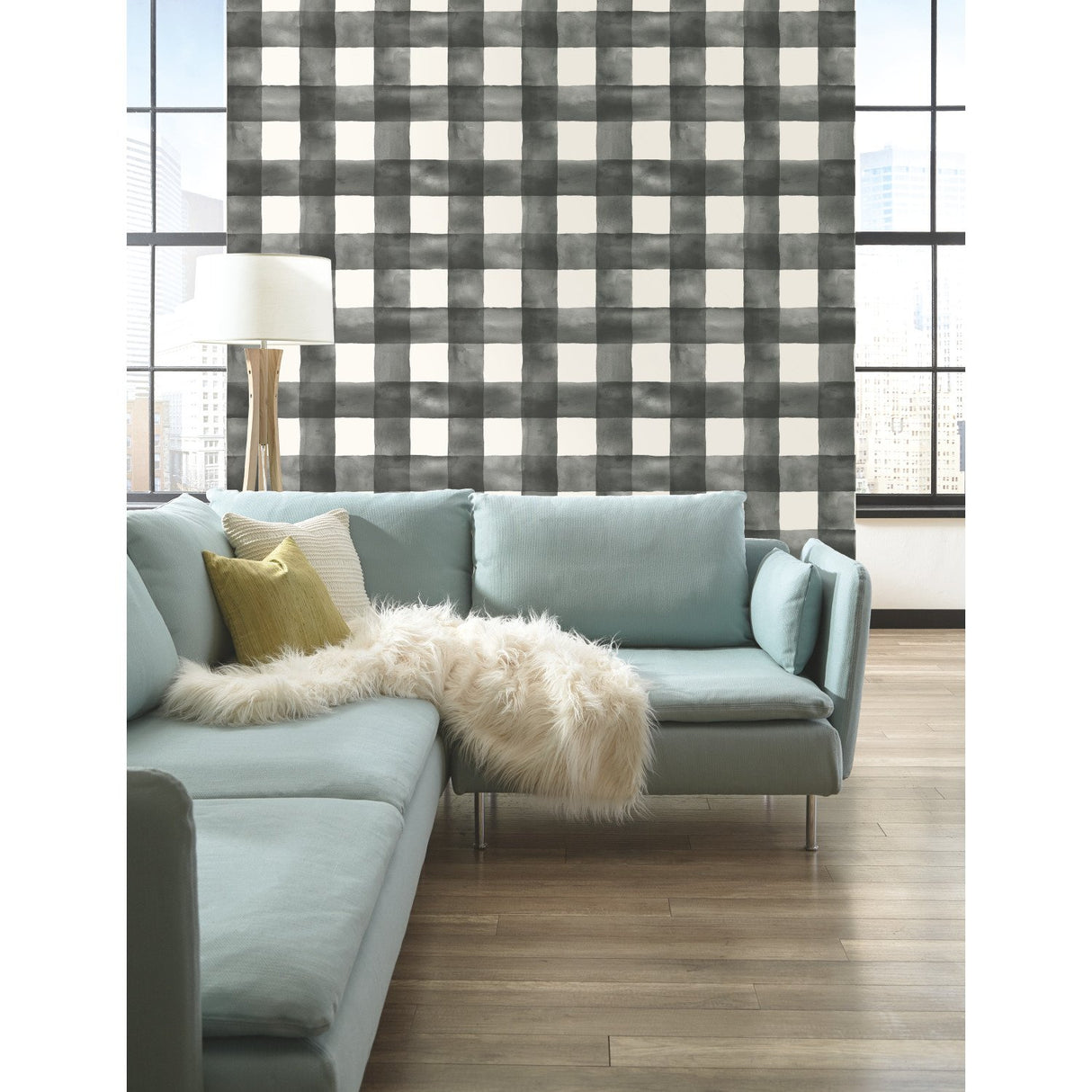 Watercolor Check Black & White Wallpaper with Plaid Watercolor Motif - York MH1516