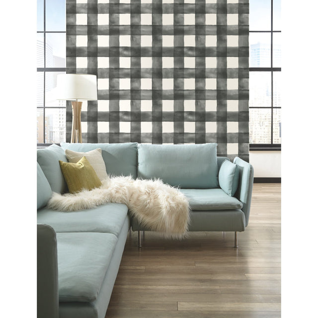 Watercolor Check Black & White Wallpaper with Plaid Watercolor Motif - York MH1516
