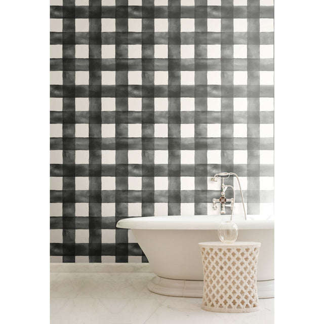 Watercolor Check Black & White Wallpaper with Plaid Watercolor Motif - York MH1516