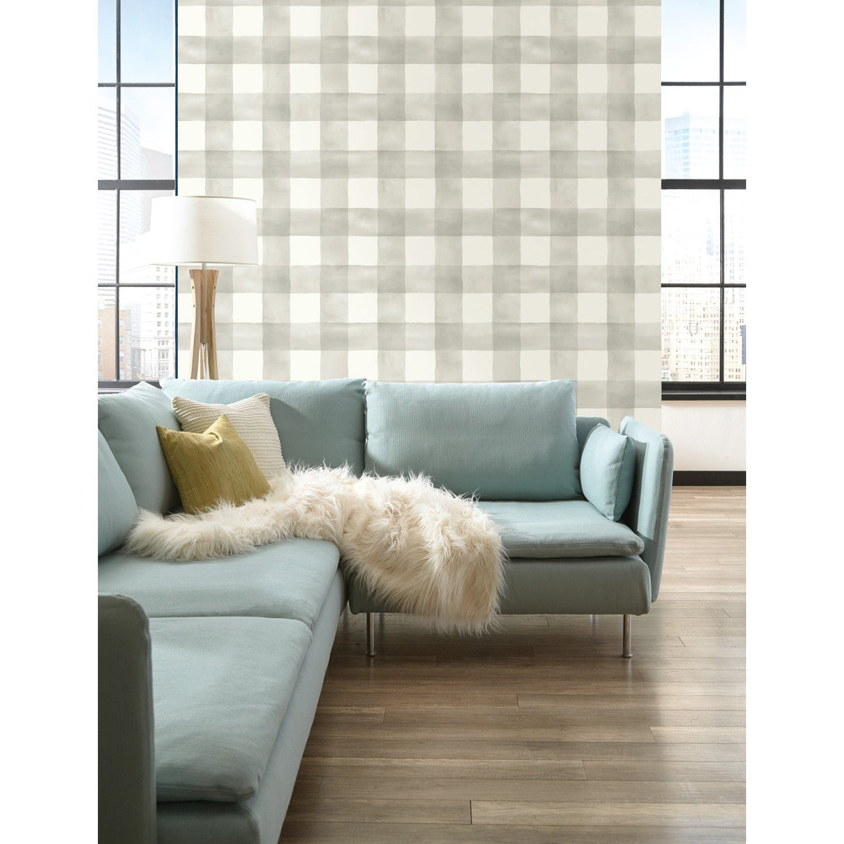 Watercolor Check Grey & White Wallpaper with Buffalo Check Motif - York MH1518
