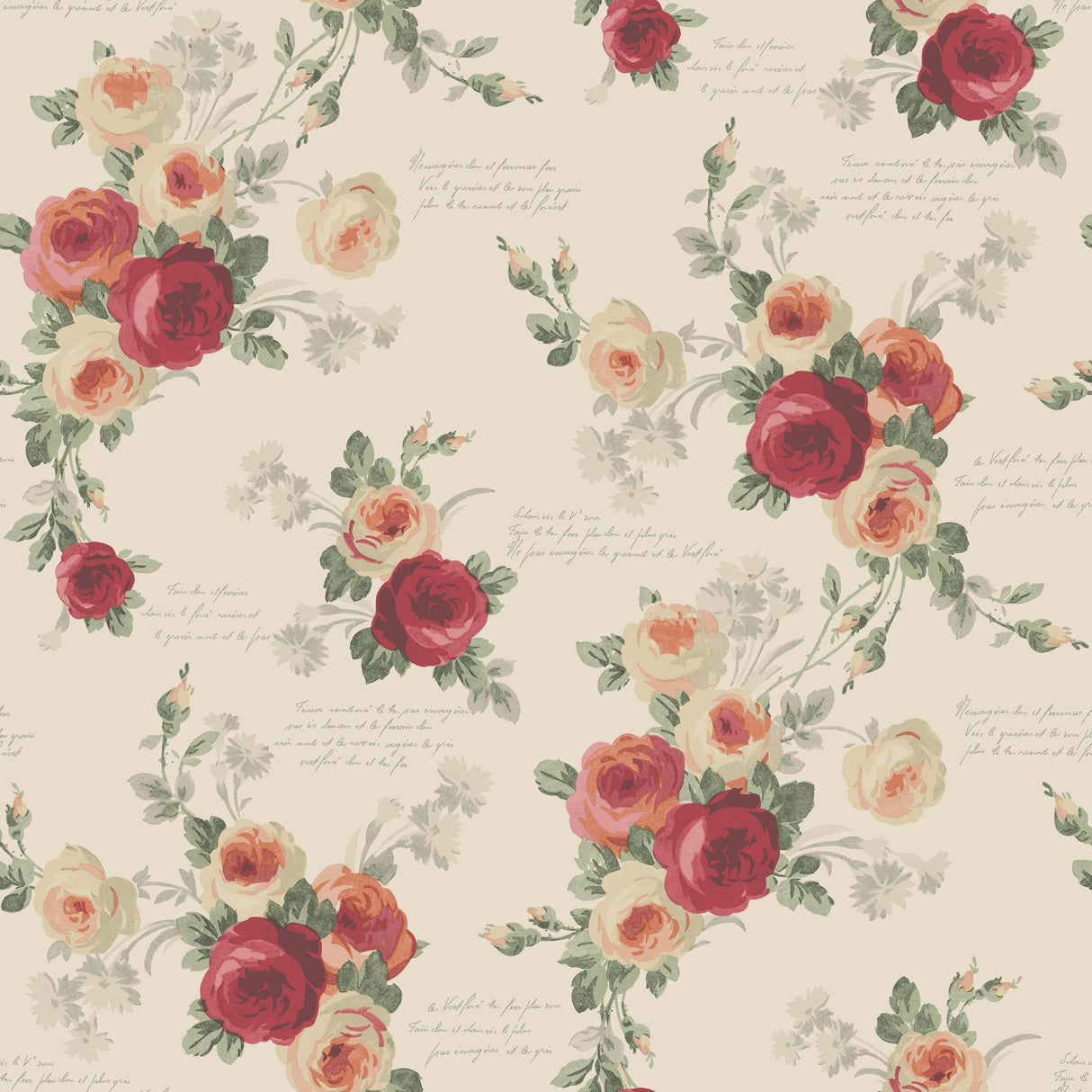 Heirloom Rose Red & Beige Wallpaper with Vintage Floral Script - York MH1526