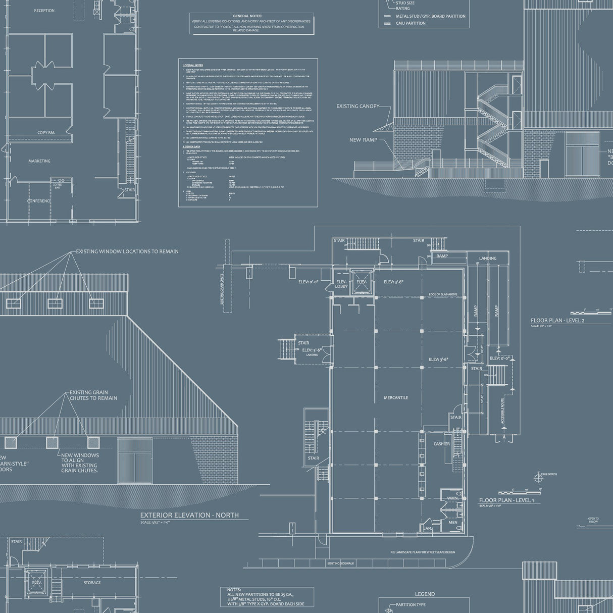 The Market Blue & White Blueprint-Style Prepasted Wallpaper - York MH1537