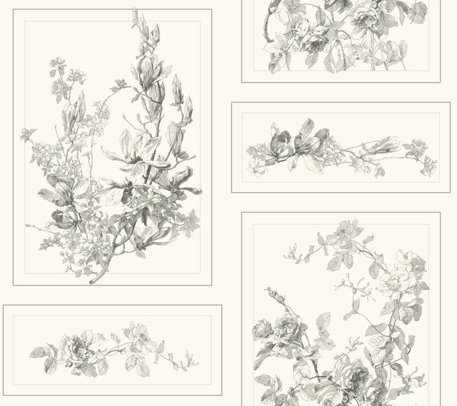 The Magnolia Grey & Off White Wallpaper with Botanical Panel Motif - York MH1543