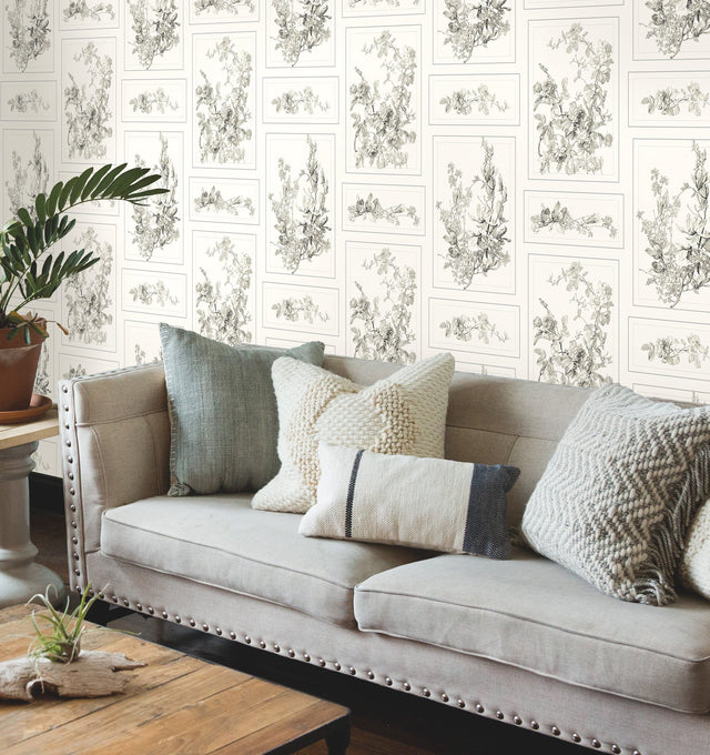 The Magnolia Grey & Off White Wallpaper with Botanical Panel Motif - York MH1543