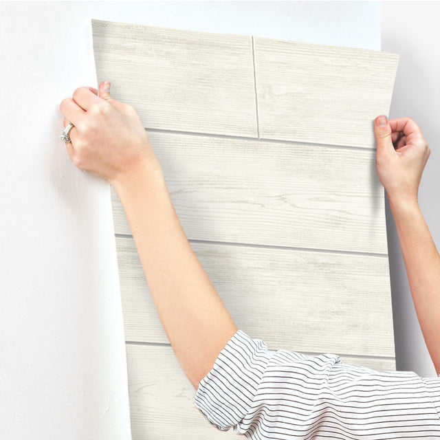 Shiplap Grey & Off White Wallpaper with Weathered Wood Plank Motif - York MH1559