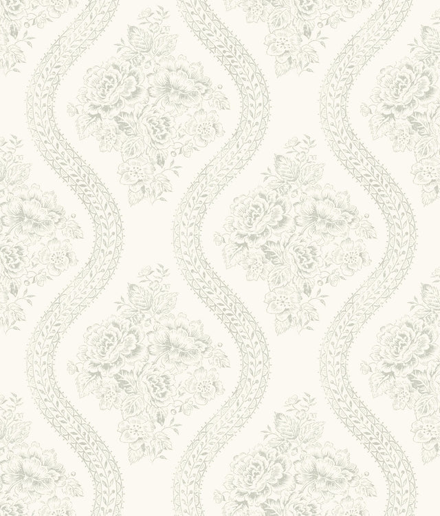 Coverlet Floral Grey & Off White Wallpaper with Tatting Lace Ogee - York MH1595