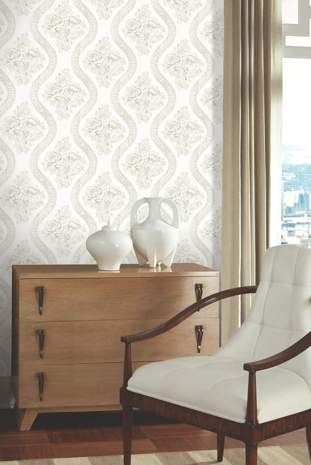 Coverlet Floral Grey & Off White Wallpaper with Tatting Lace Ogee - York MH1595