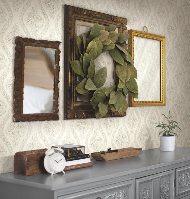 Coverlet Floral Grey & Off White Wallpaper with Tatting Lace Ogee - York MH1595