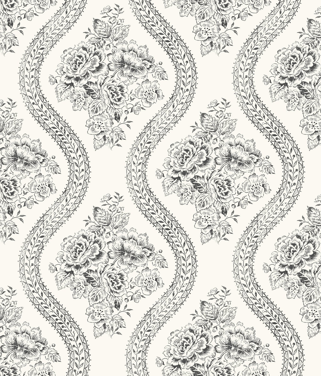 Coverlet Floral Black & Off White Wallpaper with Vintage Floral Ogee Motif - York MH1597
