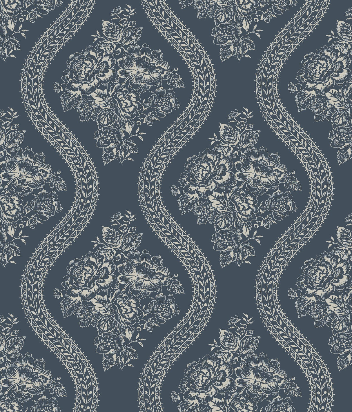 Coverlet Floral Grey & Blue Wallpaper with Vintage Ogee Floral Pattern - York MH1603