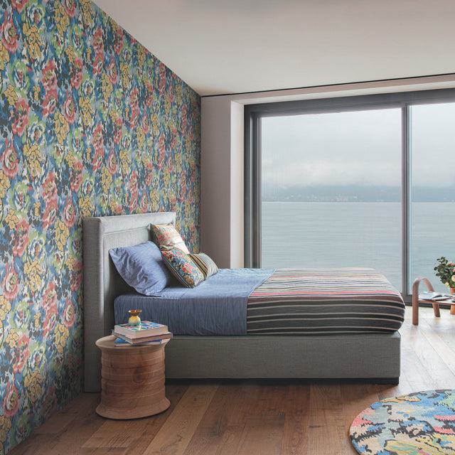 Flower Pot Blue Wallpaper with Painterly Floral Motif - York MI10300