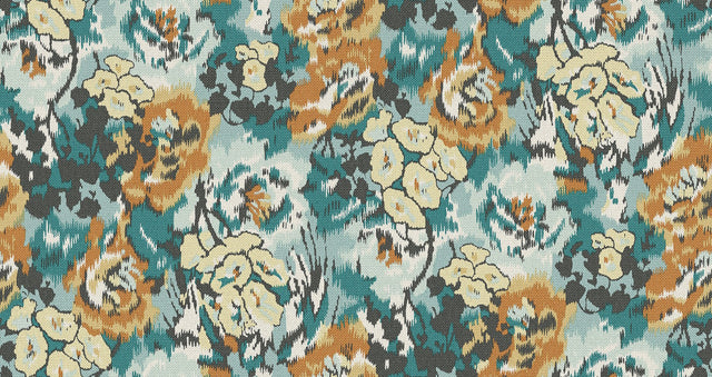 Flower Pot Teal & Orange Wallpaper with Painterly Floral Pattern - MI10301