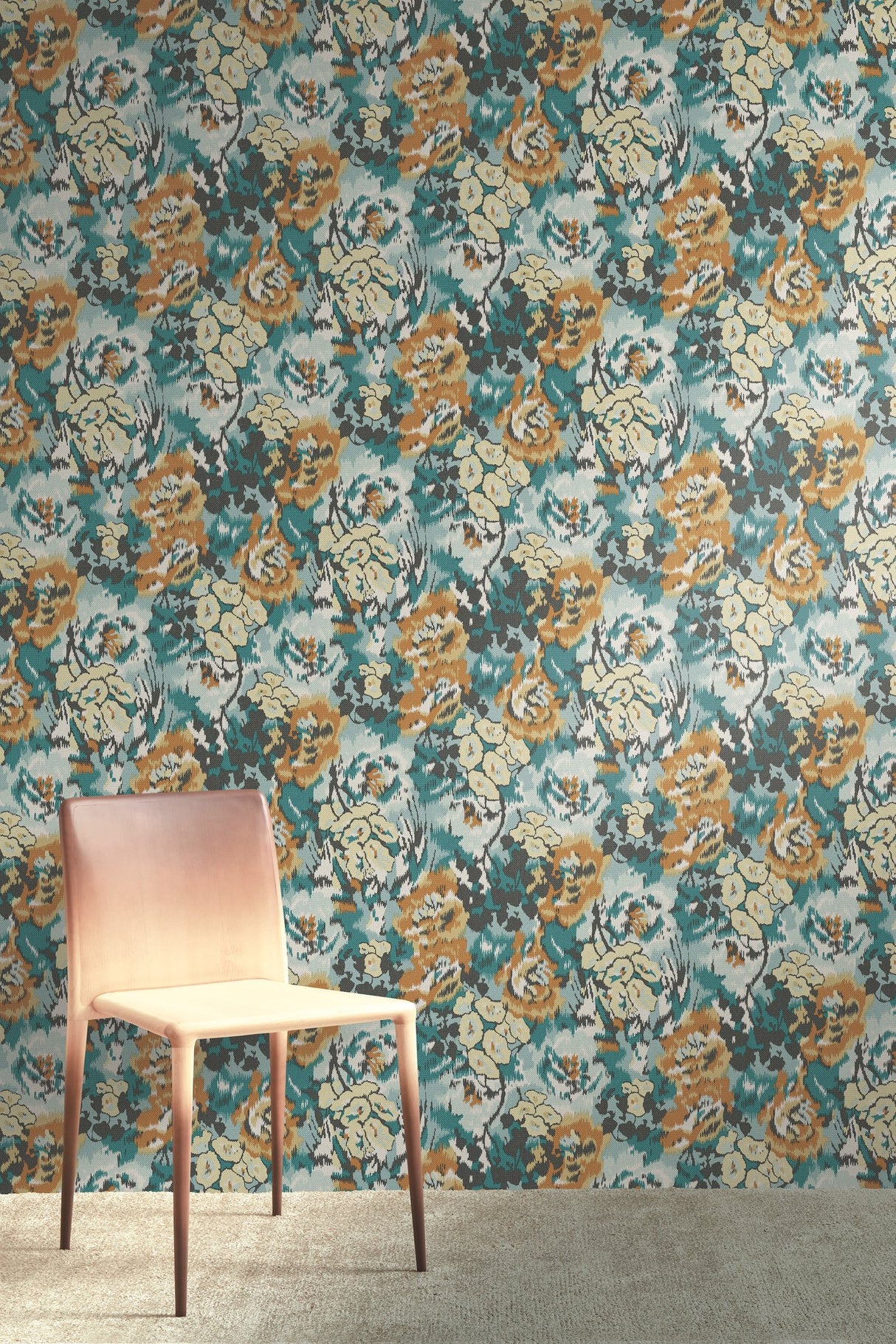 Flower Pot Teal & Orange Wallpaper with Painterly Floral Pattern - MI10301