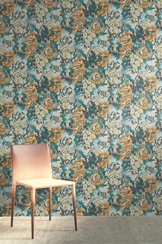 Flower Pot Teal & Orange Wallpaper with Painterly Floral Pattern - MI10301