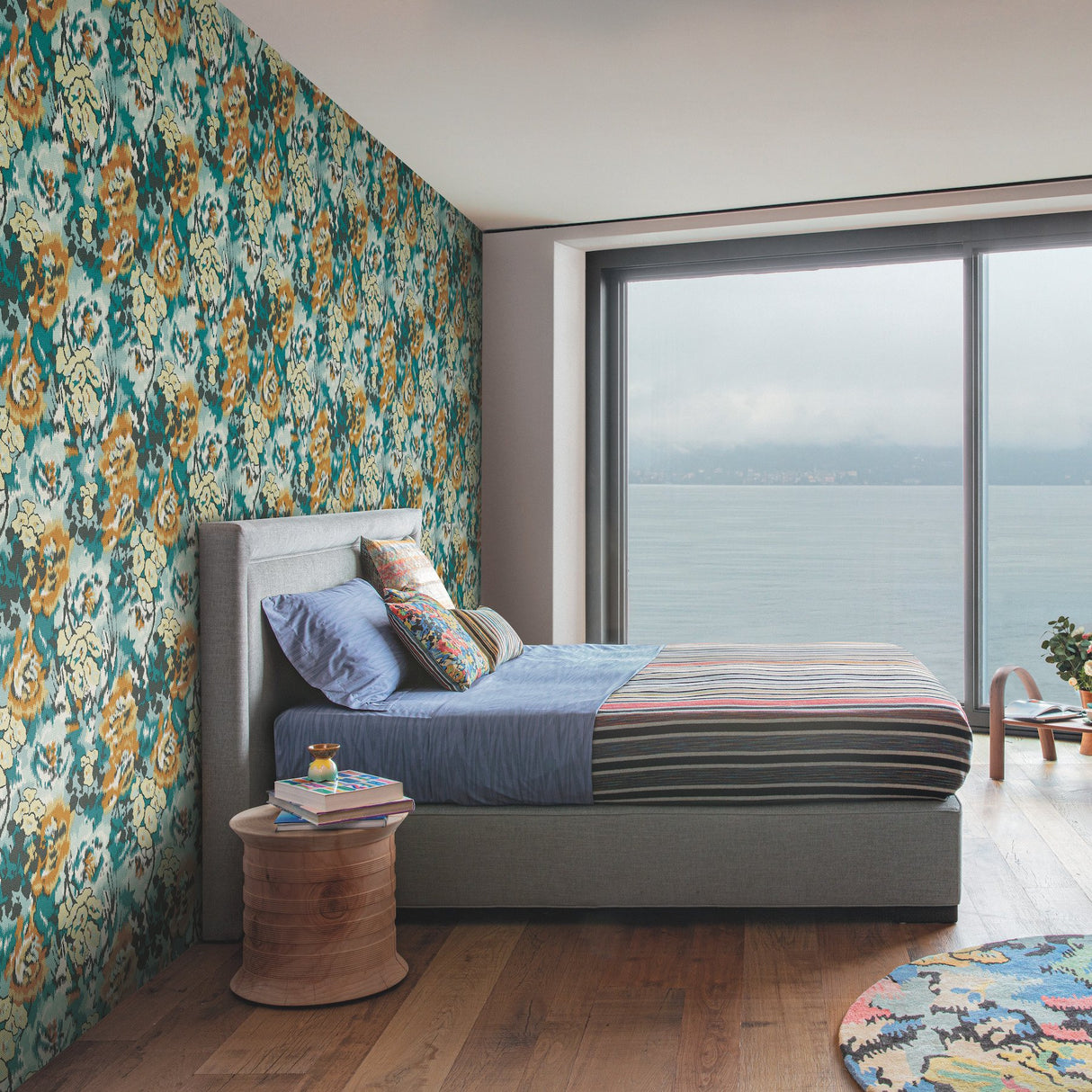 Flower Pot Teal & Orange Wallpaper with Painterly Floral Pattern - MI10301