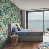 Flower Pot Teal & Orange Wallpaper with Painterly Floral Pattern - MI10301