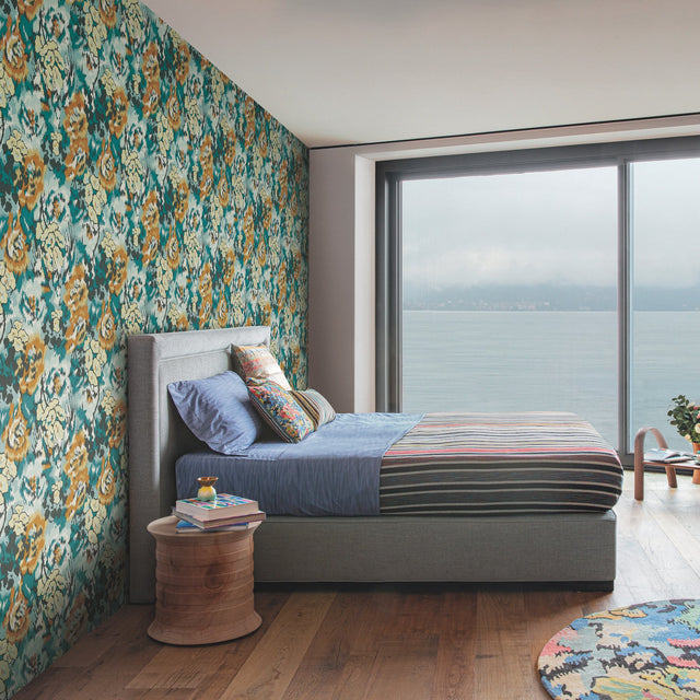 Flower Pot Teal & Orange Wallpaper with Painterly Floral Pattern - MI10301