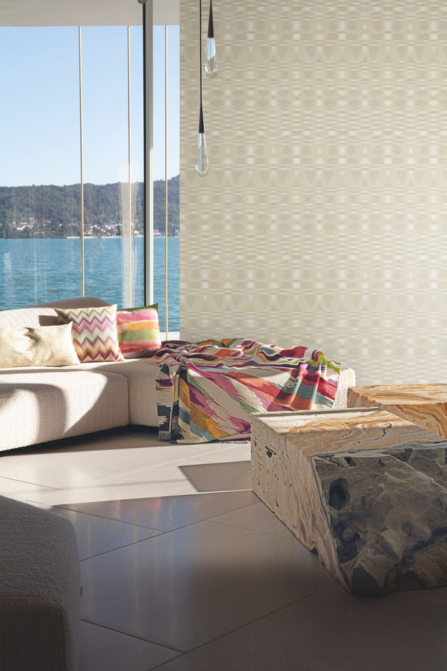 Sunrise Flame Beige Wallpaper with Geometric Blanket-Weave Motif - York MI10320