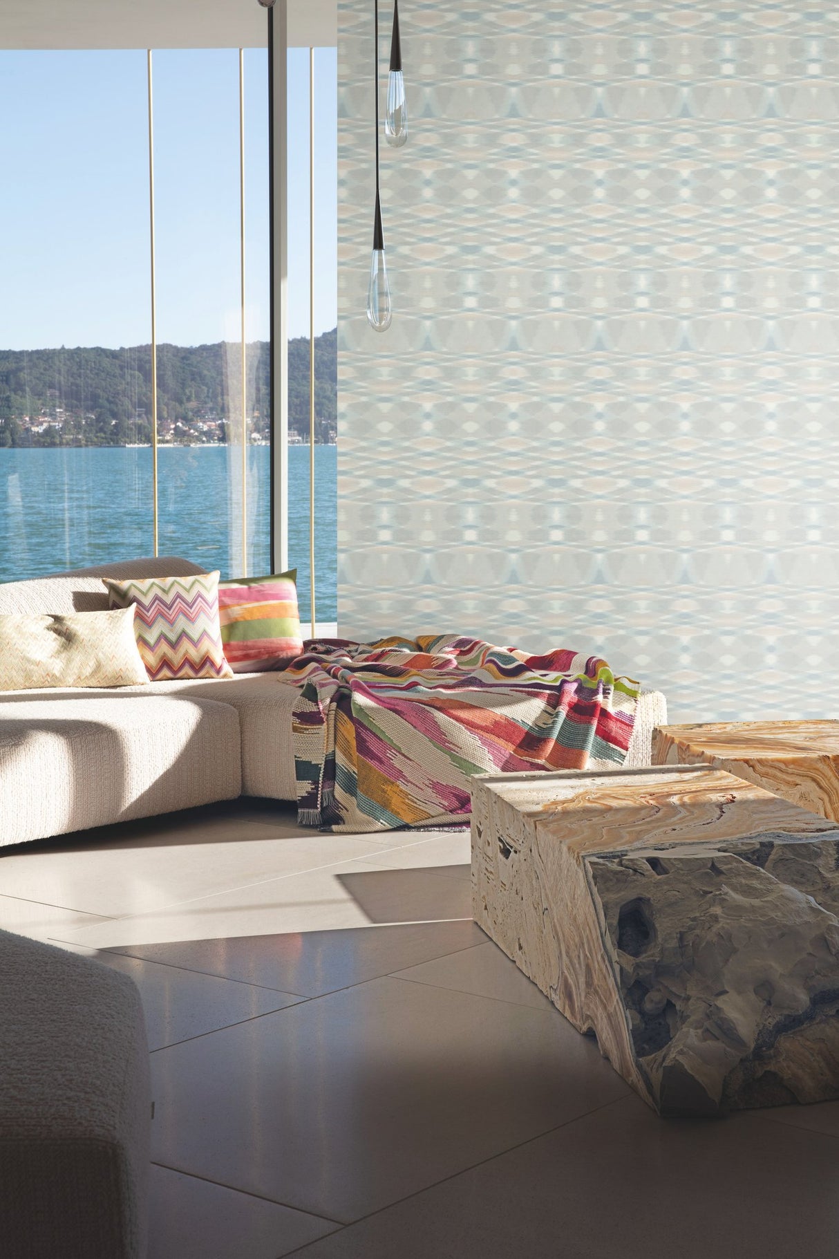 Sunrise Flame Light Blue Wallpaper with Geometric Blanket-Weave Motif - Missoni MI10321