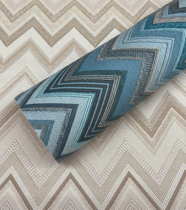 Happy Zigzag Blue Geometric Wallpaper with Chevron Pattern - York MI10335