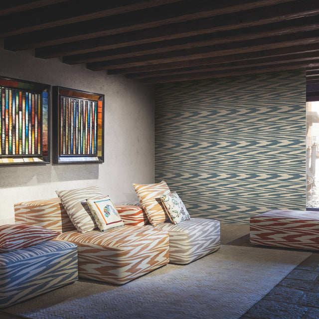 Flamed Zigzag Blue & Cream Wallpaper with Geometric Flame Stitch Motif - Missoni MI10340