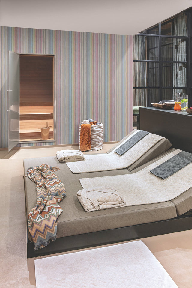 Missoni Striped Sunset Glitter Blue Wallpaper with Variegated Chevron Stripe - York MI10396