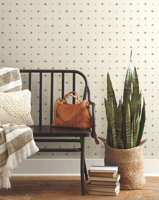 Cross Stitch Green Wallpaper with Hand-Embroidered X Motif - York MK1102