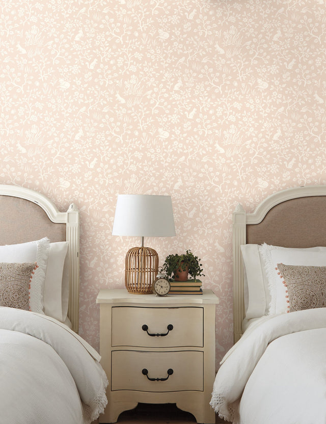 Fox & Hare Pink Wallpaper with Folklore Forest Animal Motif - York MK1110