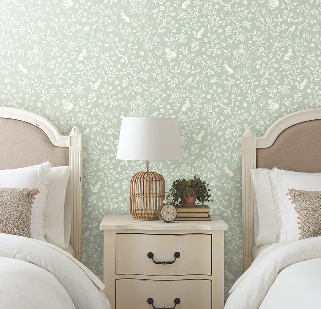 Fox & Hare Green Wallpaper with Woodland Animal Toile Motif - York MK1111