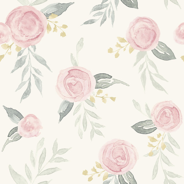 Watercolor Roses Pink Wallpaper with Watercolor Floral Motif - York MK1125