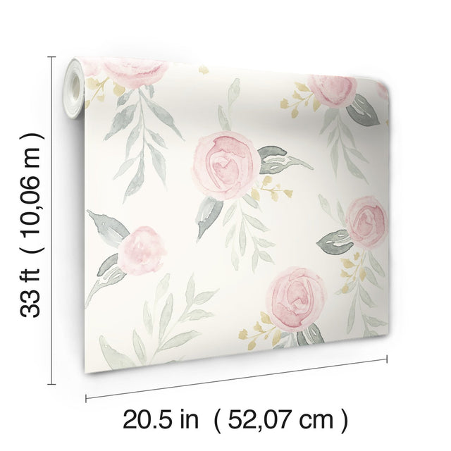 Watercolor Roses Pink Wallpaper with Watercolor Floral Motif - York MK1125