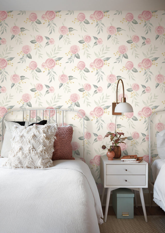 Watercolor Roses Pink Wallpaper with Watercolor Floral Motif - York MK1125