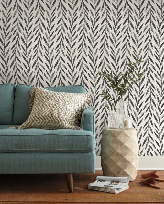 Willow Black Wallpaper with Botanical Willow Leaf Pattern - York MK1136