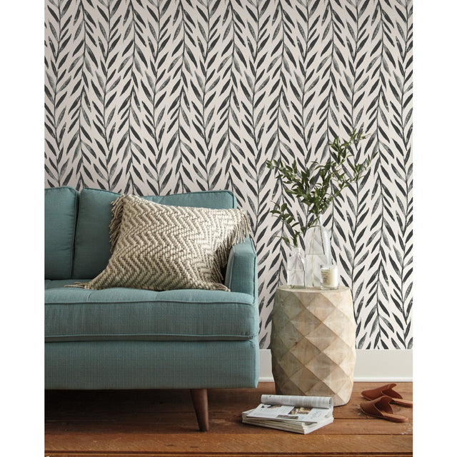 Willow Black Wallpaper with Botanical Willow Leaf Pattern - York MK1136