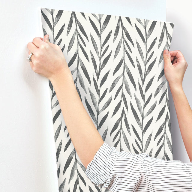 Willow Black Wallpaper with Botanical Willow Leaf Pattern - York MK1136
