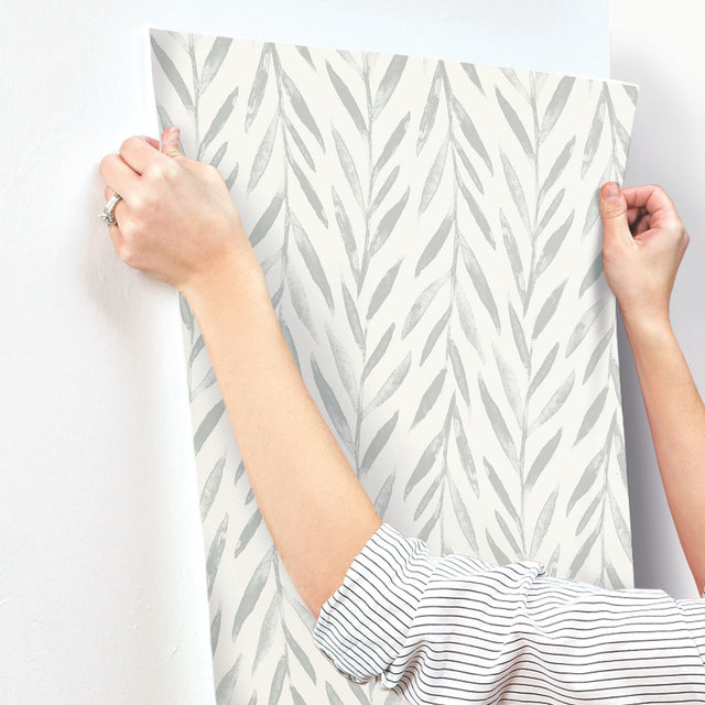 Willow Grey Wallpaper with Botanical Watercolor Willow Stripe - York MK1137