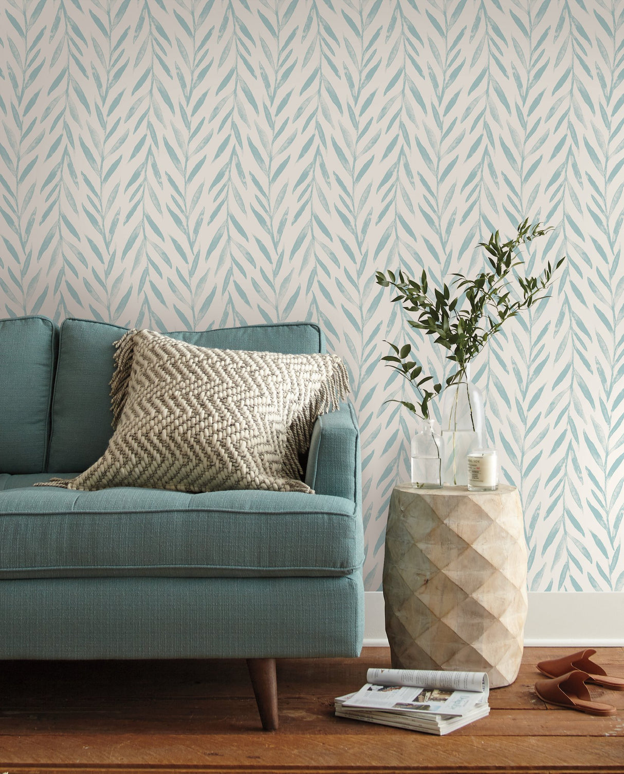 Willow Blue Wallpaper with Botanical Watercolor Leaf Stripe - York MK1138