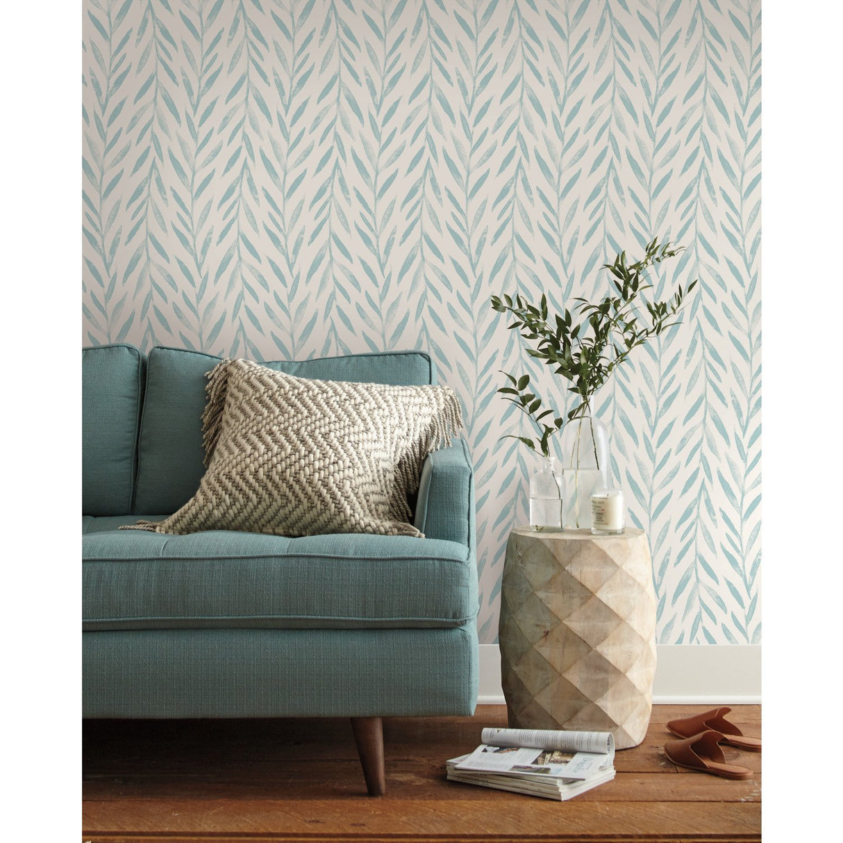 Willow Blue Wallpaper with Botanical Watercolor Leaf Stripe - York MK1138