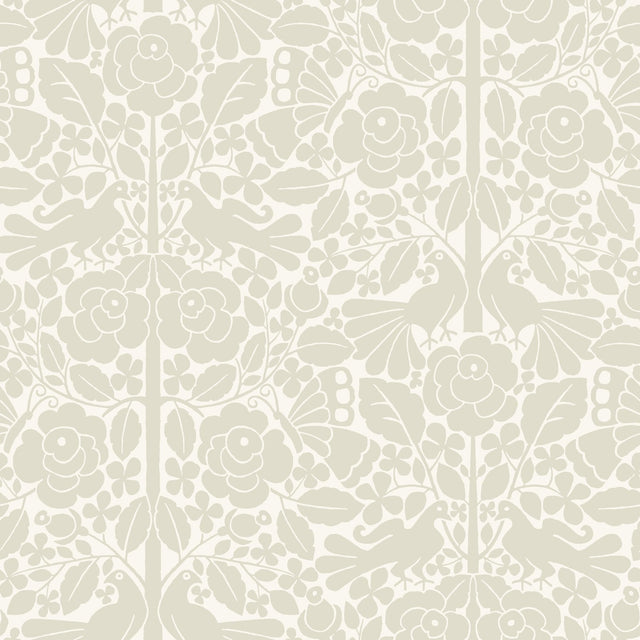 Fairy Tales Beige Wallpaper with Folk Art Birds and Floral Motif - York MK1160
