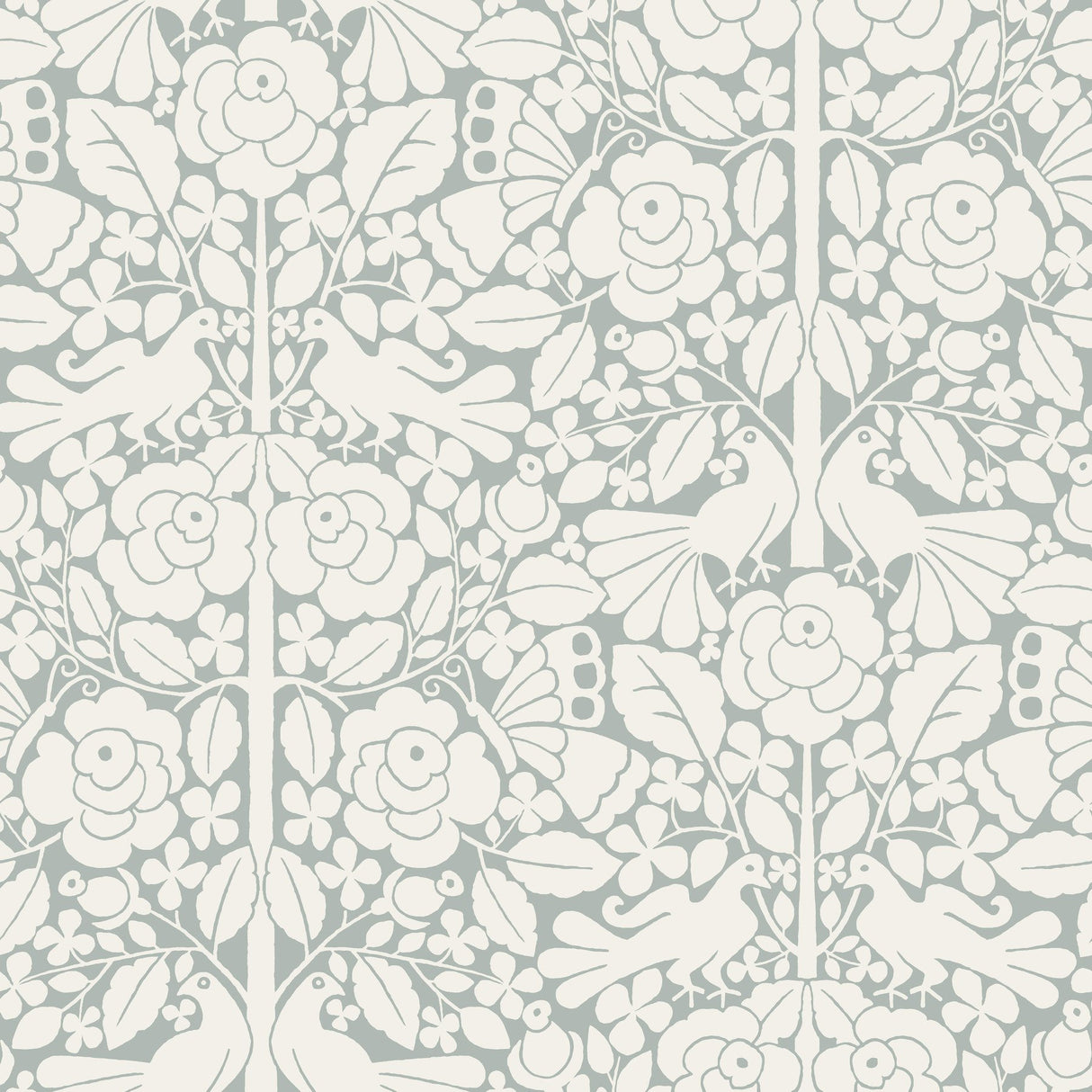 Fairy Tales Blue Wallpaper with Folk Art Birds & Floral Motif - York MK1161