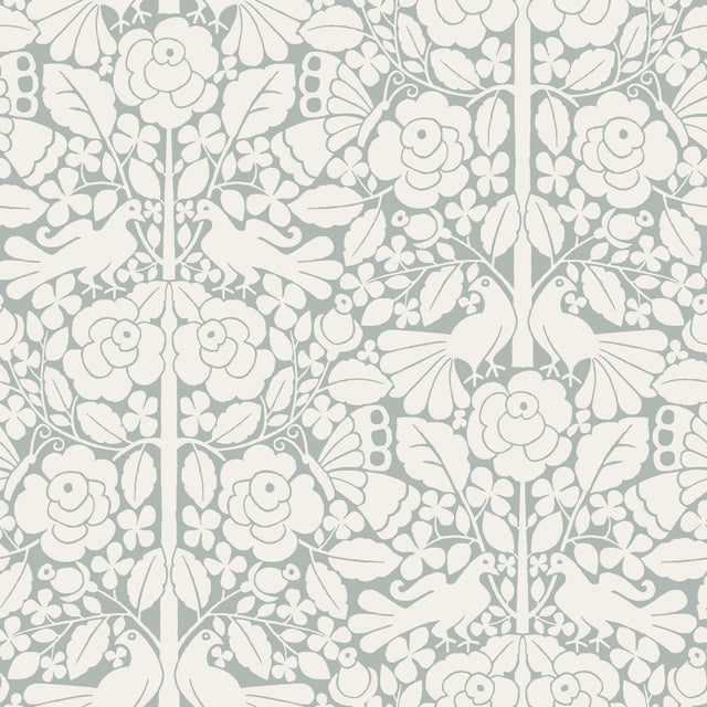 Fairy Tales Blue Wallpaper with Folk Art Birds & Floral Motif - York MK1161