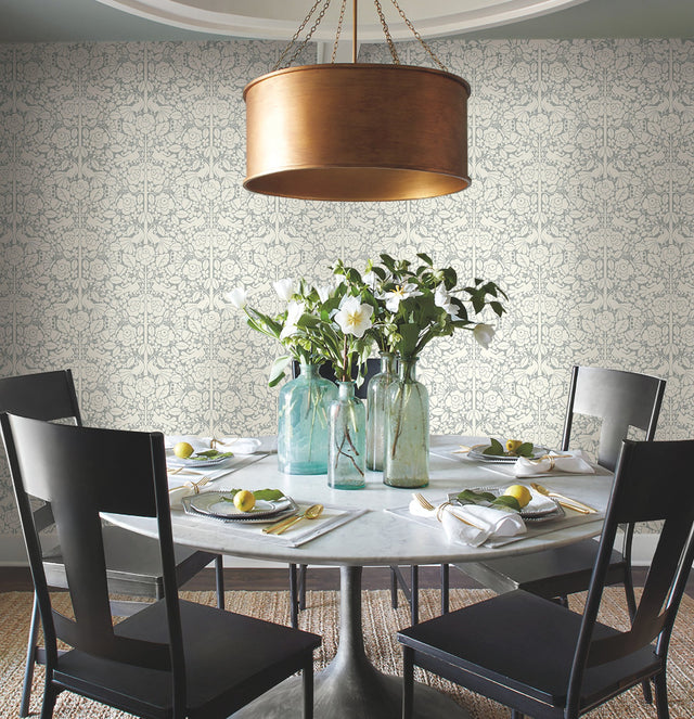 Fairy Tales Blue Wallpaper with Folk Art Birds & Floral Motif - York MK1161