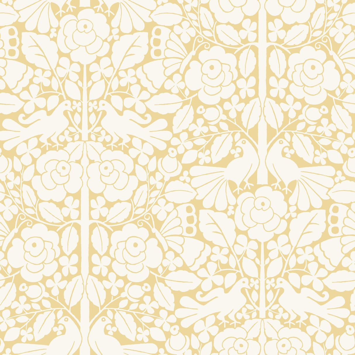 Fairy Tales Yellow Wallpaper with Folk Art Birds & Floral Motif - York MK1162