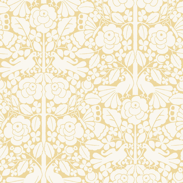 Fairy Tales Yellow Wallpaper with Folk Art Birds & Floral Motif - York MK1162
