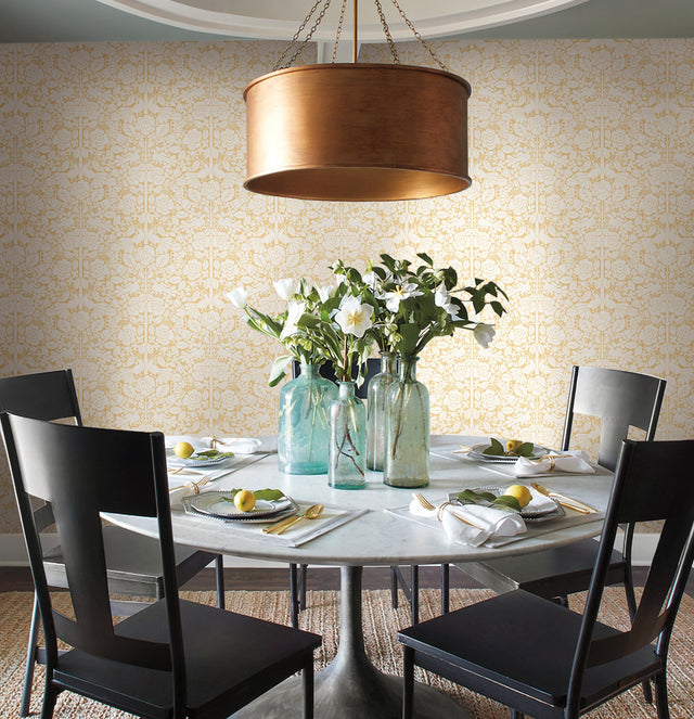 Fairy Tales Yellow Wallpaper with Folk Art Birds & Floral Motif - York MK1162