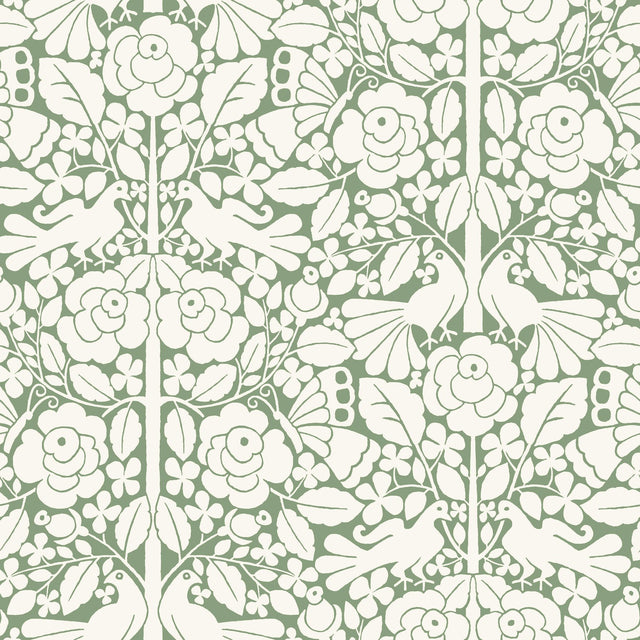 Fairy Tales Green Wallpaper with Folk Art Birds and Floral Pattern - York MK1164
