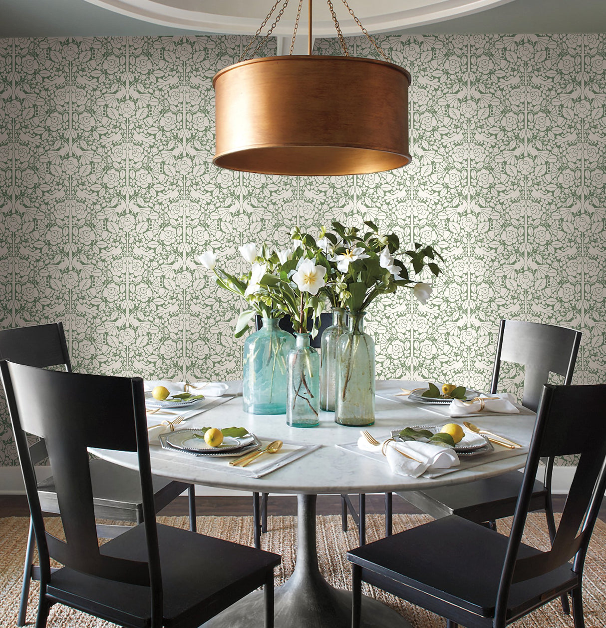 Fairy Tales Green Wallpaper with Folk Art Birds and Floral Pattern - York MK1164